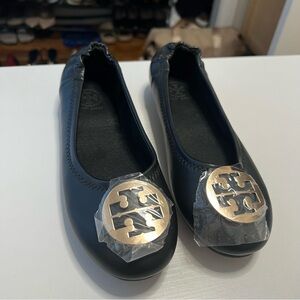 Tory Burch Black Flats with Gold Logo